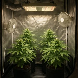 Vista completa de un setup completo 4 plantas 1x1 en un armario de cultivo con panel LED, ventiladores y plantas saludables en interior
