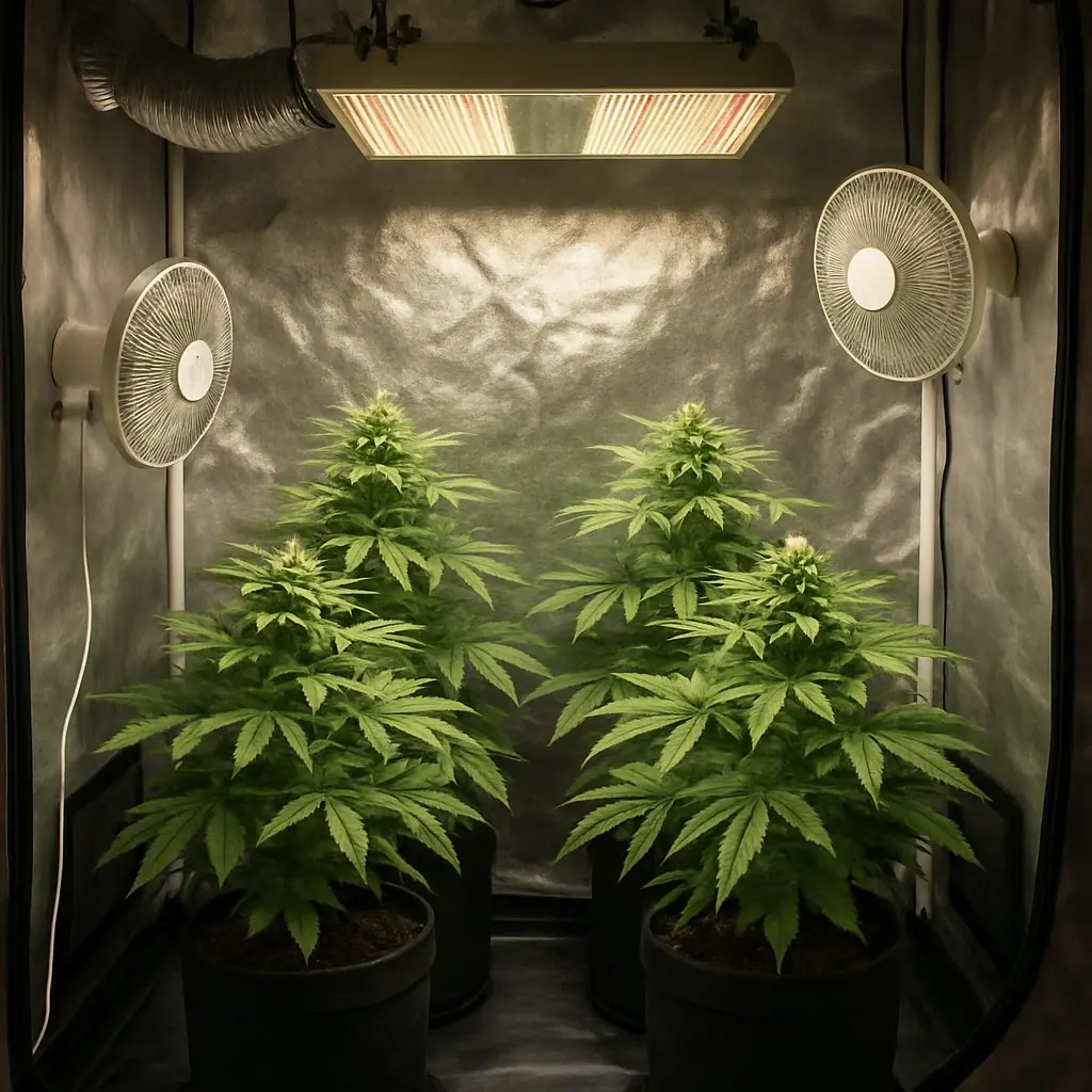 Vista completa de un setup completo 4 plantas 1x1 en un armario de cultivo con panel LED, ventiladores y plantas saludables en interior