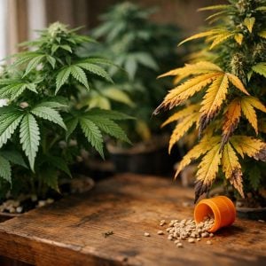 Cultivo indoor de cannabis con hojas sanas y síntomas de sobrefertilización