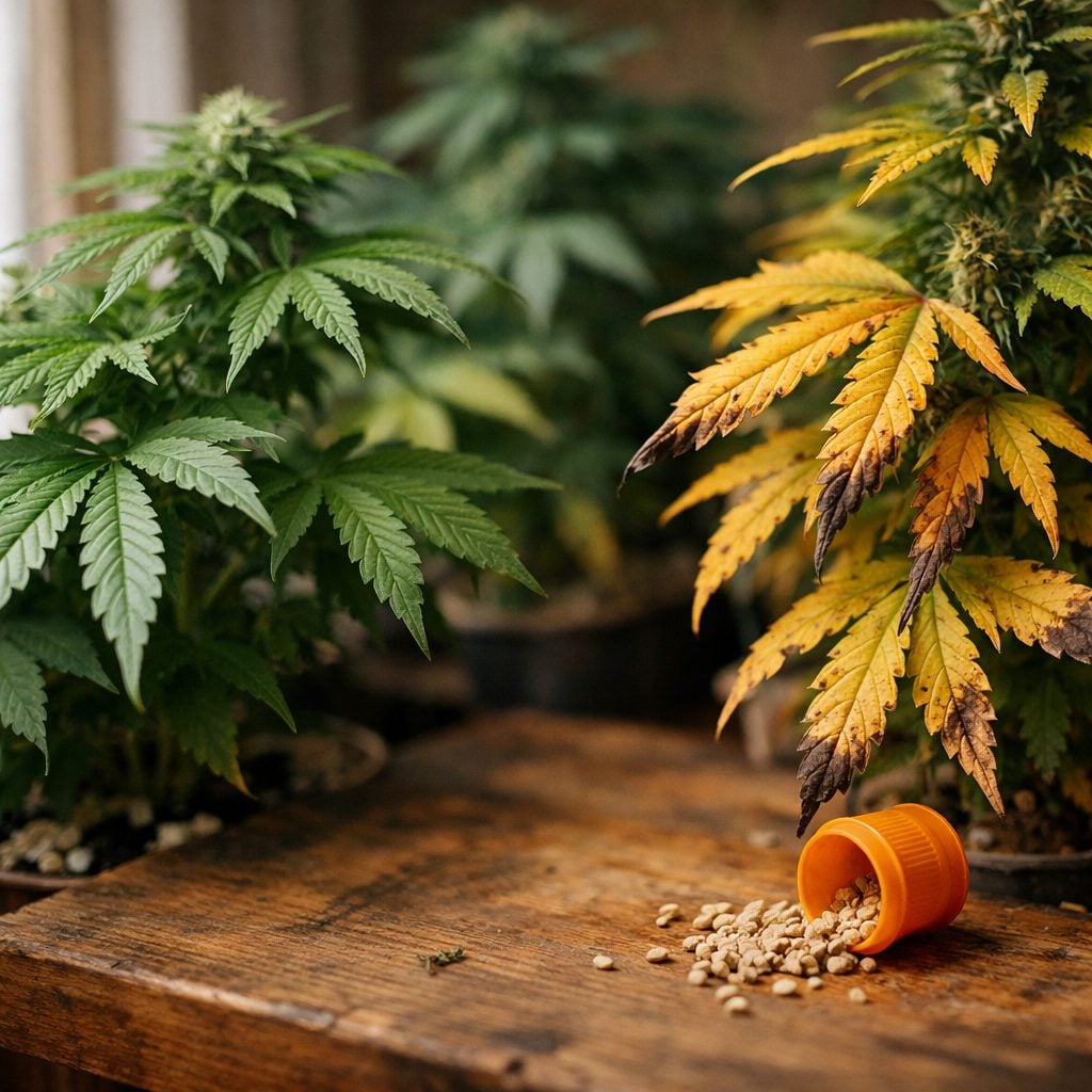 Cultivo indoor de cannabis con hojas sanas y síntomas de sobrefertilización