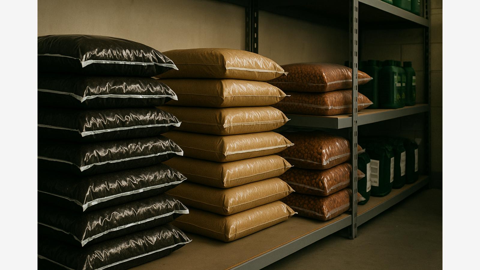 Sacos de sustrato en tienda y almacén para cultivo indoor