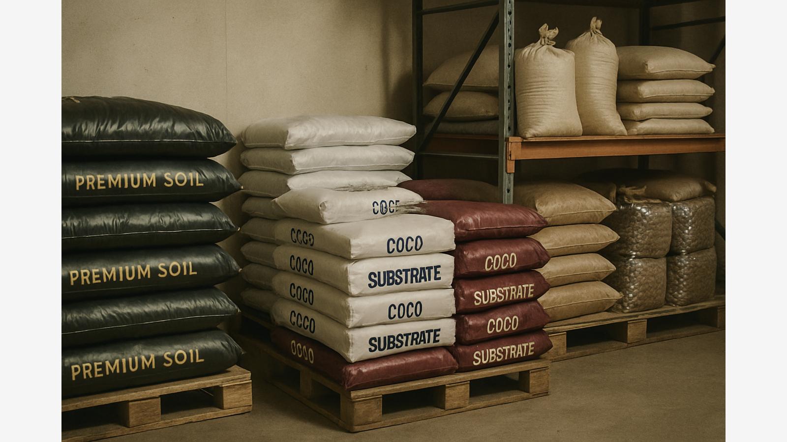 Almacén de growshop con sacos de sustrato para cultivo