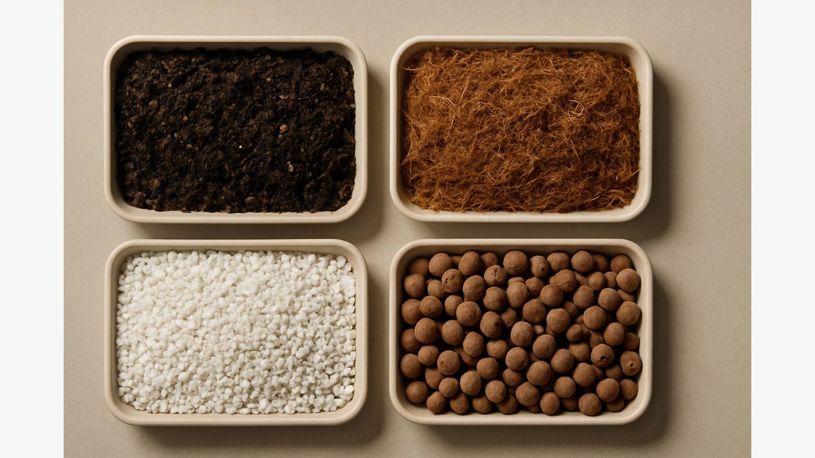 Comparativa visual de sustrato para cultivo con tierra, coco, perlita y arlita