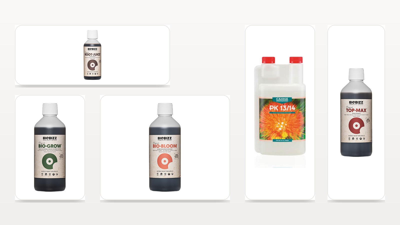 Productos de fertilización y floración de Topgrow ordenados por etapa del cultivo