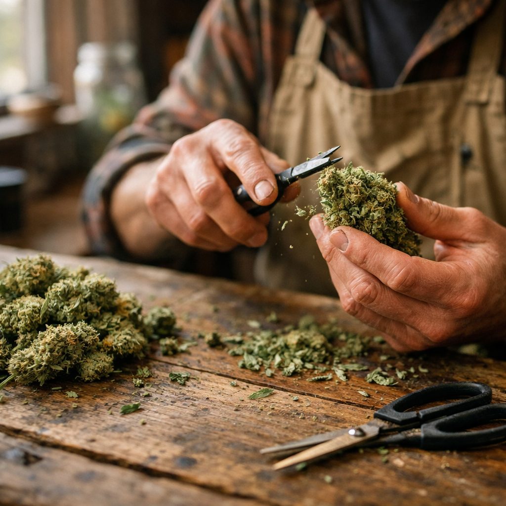 Cultivador recortando a mano cogollos de marihuana con tijeras en ambiente natural