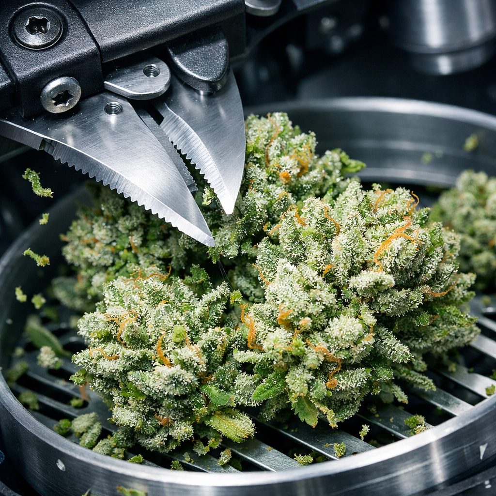 Detalle macro de manicurado en húmedo justo tras corte de planta de cannabis con tijeras