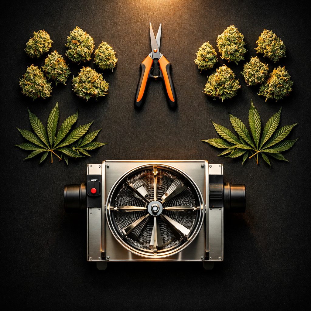 Vista cenital de cogollos de cannabis manicurados junto a tijeras y bandeja en superficie negra