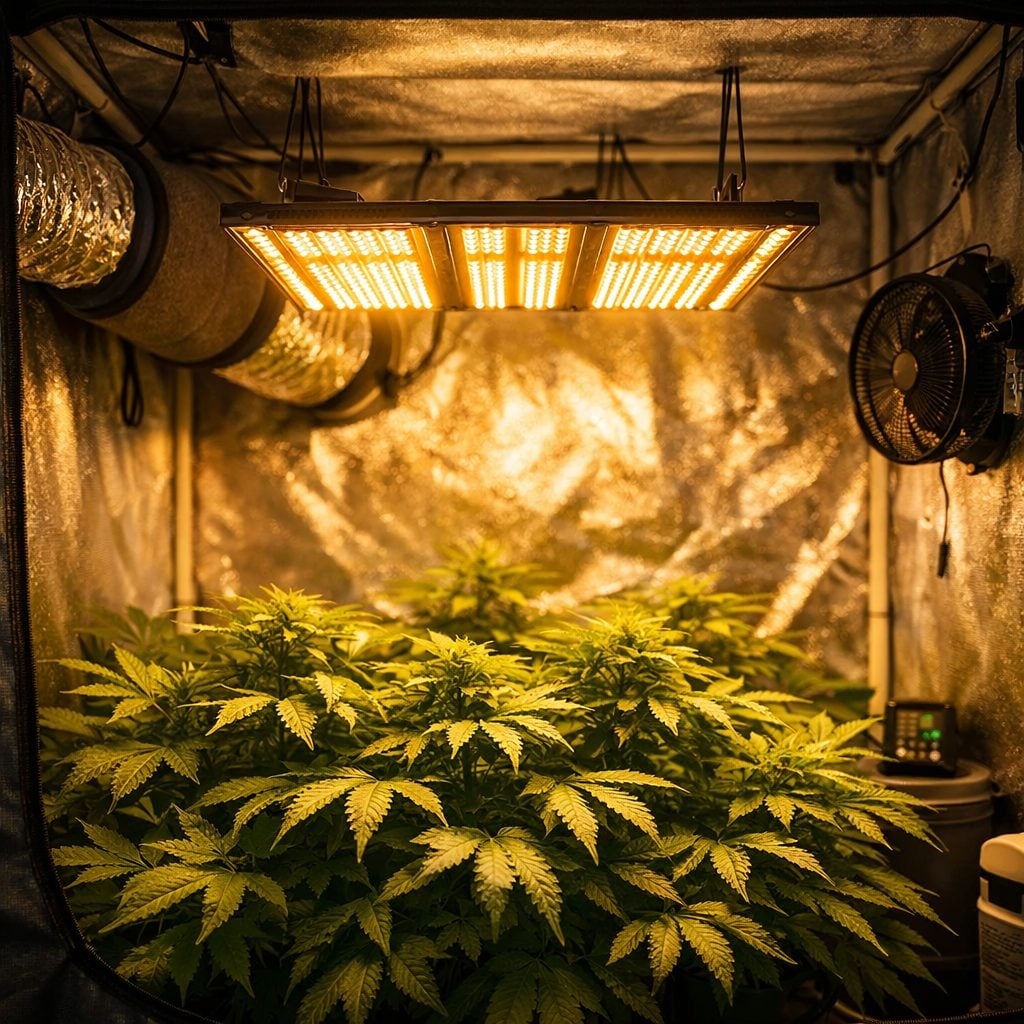 Interior de armario de cultivo 120x120 con panel LED de 600W colgado mediante poleas, plantas verdes sanas bajo luz de espect