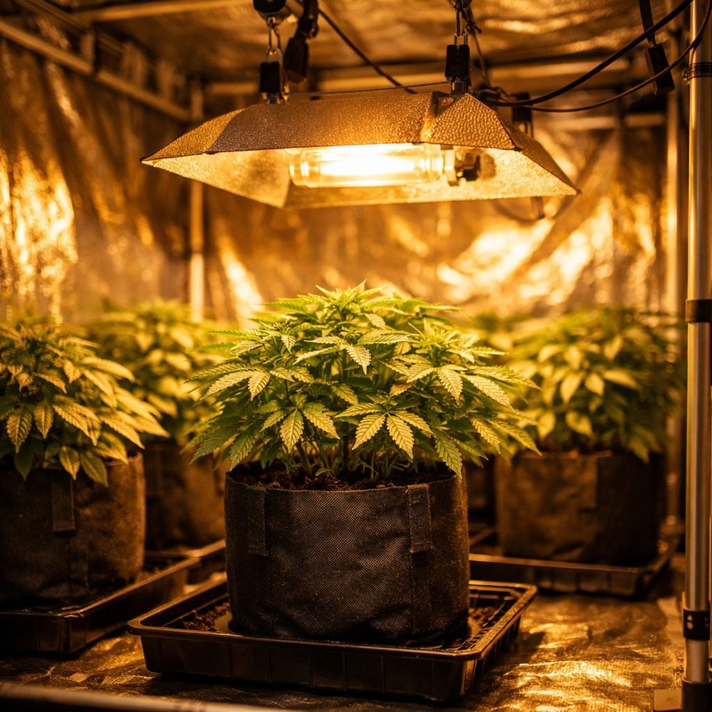 Interior de armario de cultivo 240x120 cm en fase vegetativa con luz HPS 600W, plantas sanas en macetas de 11L sobre bandejas