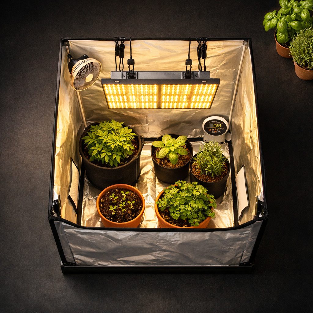 Armario cultivo 60x60 montado con LED ajustable en poleas, reflectante mylar blanco y ventilador oscilante interior