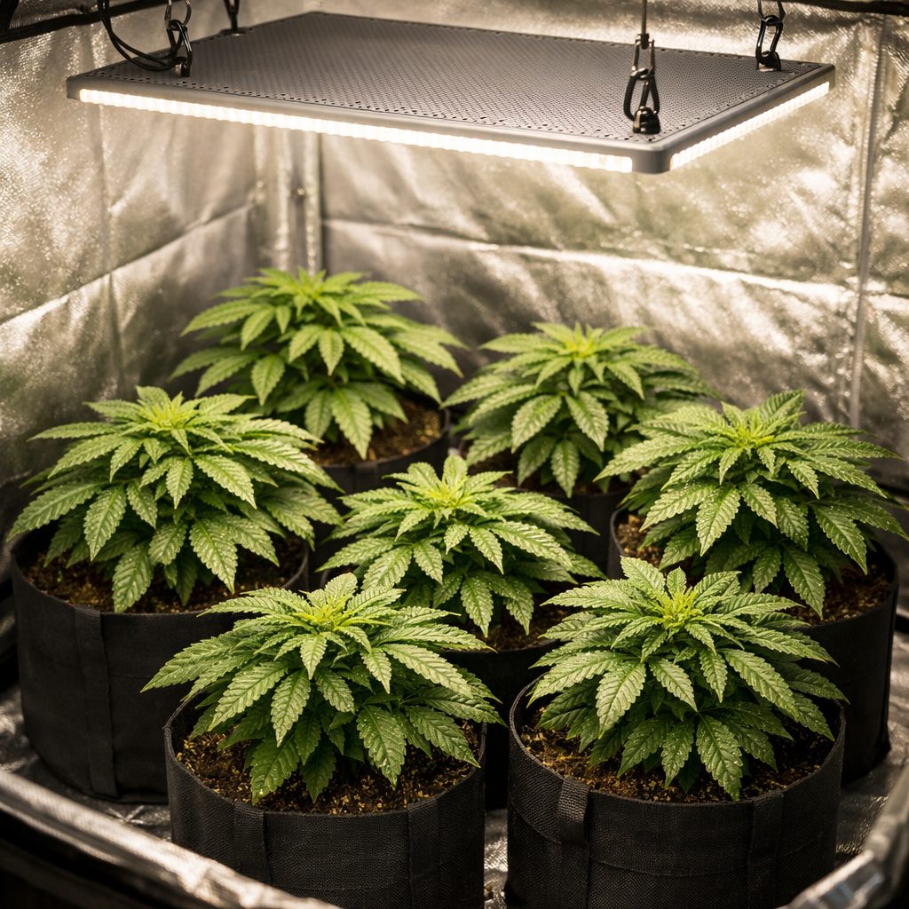 Interior completo de armario de cultivo 80x80 con LED blanca colgada, seis plantas de marihuana en macetas negras y paredes r