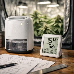 Deshumidificador compacto con monitor digital de humedad y temperatura en interior de armario de cultivo indoor profesional