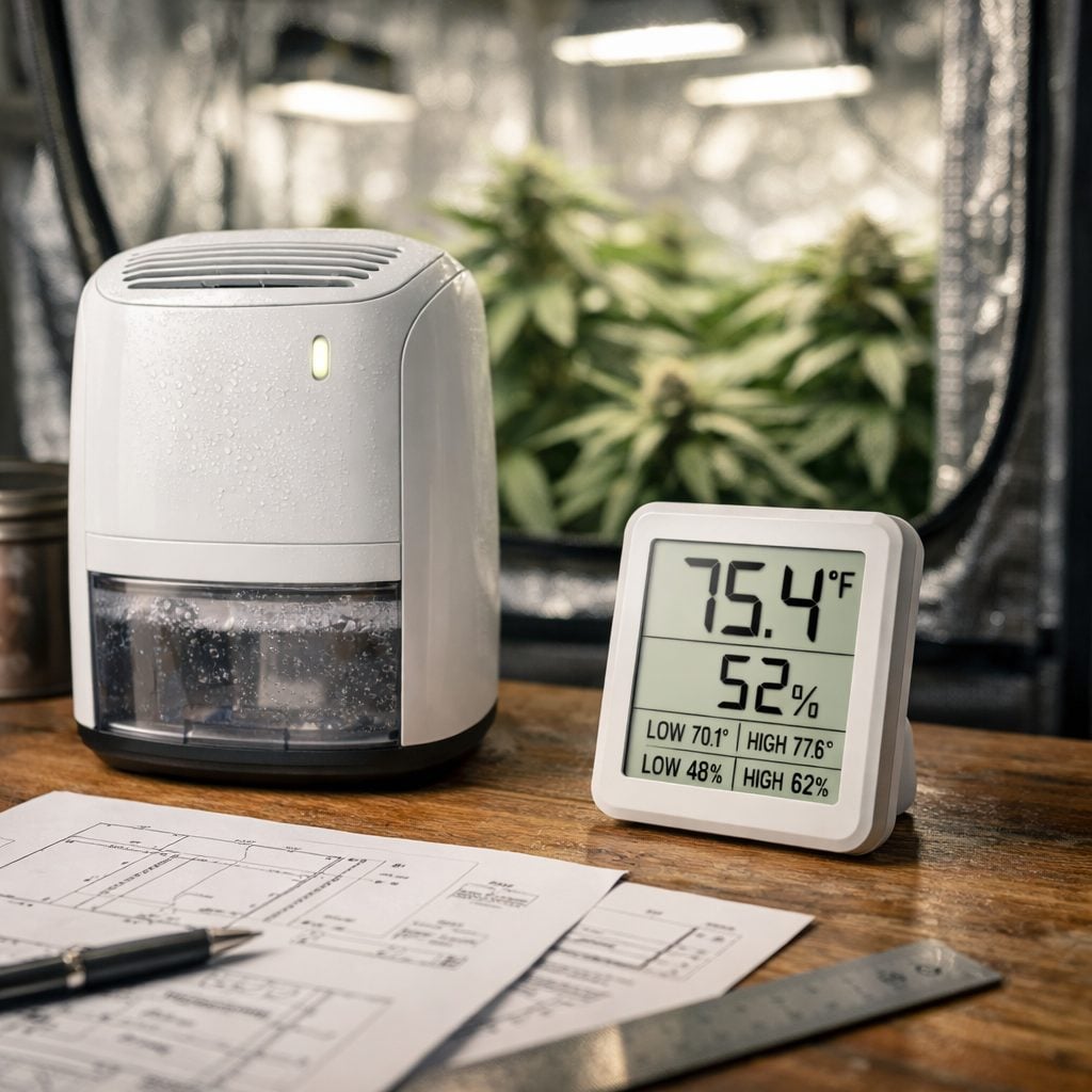 Deshumidificador compacto con monitor digital de humedad y temperatura en interior de armario de cultivo indoor profesional