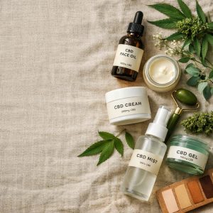 Productos cosméticos CBD profesionales arrangiados en fotografía editorial plana sobre tela natural con flores de cannabis fr