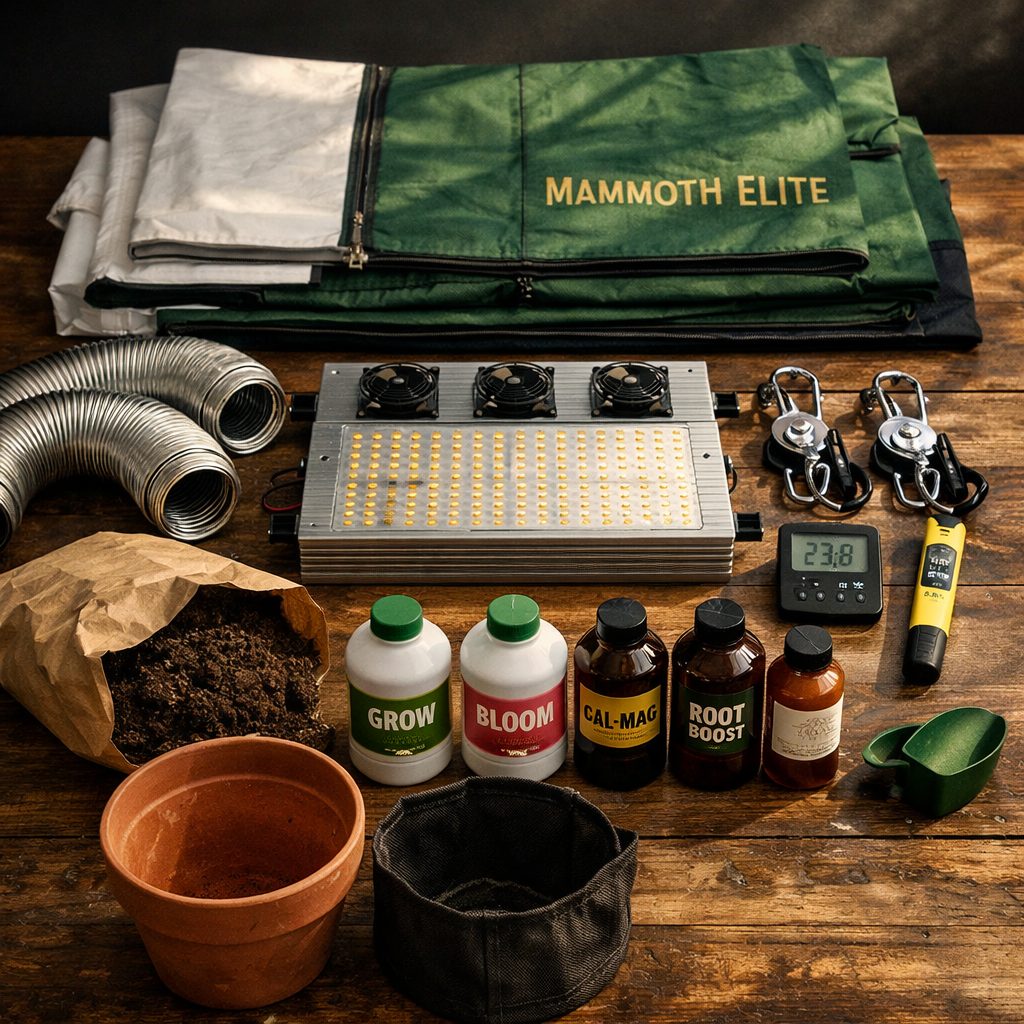 Desglose completo de equipos para montar armario cultivo: armario fabric Mammoth, LED 400W, extractor, poleas, medidores, sus