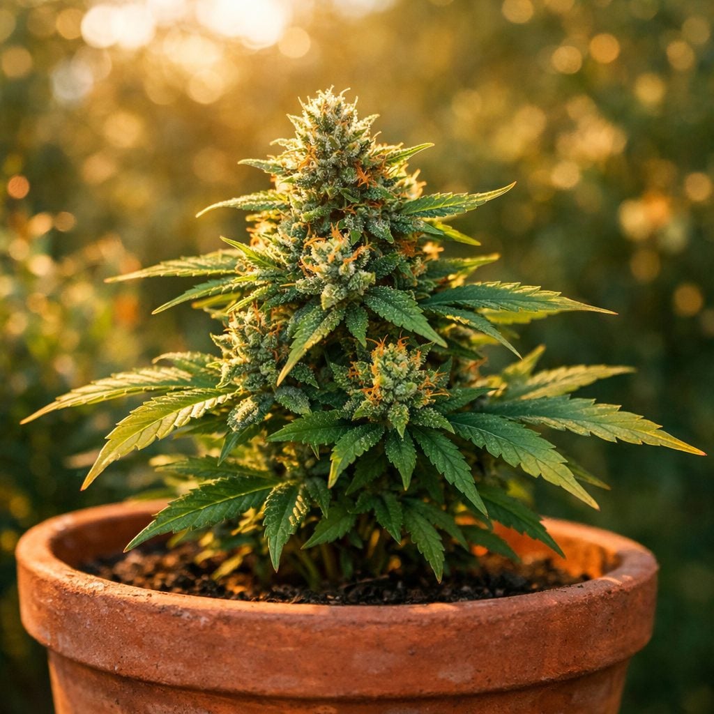Planta de cannabis autofloreciente en maceta exterior durante floración, con cogollos maduros bajo luz solar directa