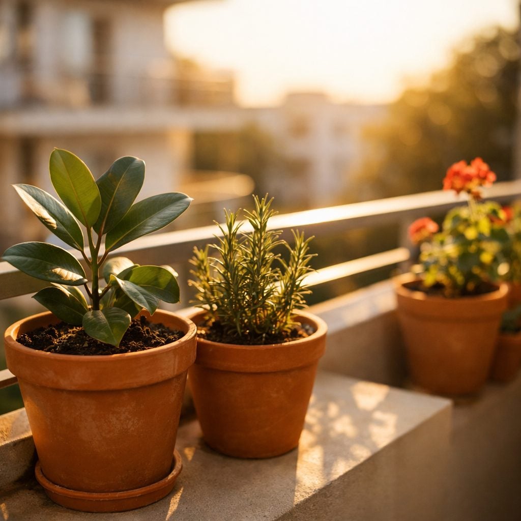 Balcón soleado con macetas de plantas cultivadas, luz dorada de tarde, composición editorial minimalist con enfoque botánico