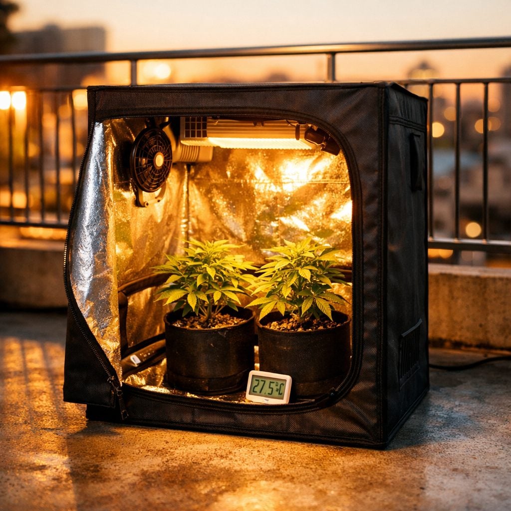 Armario de cultivo indoor compacto en terraza con iluminacion LED atardecer