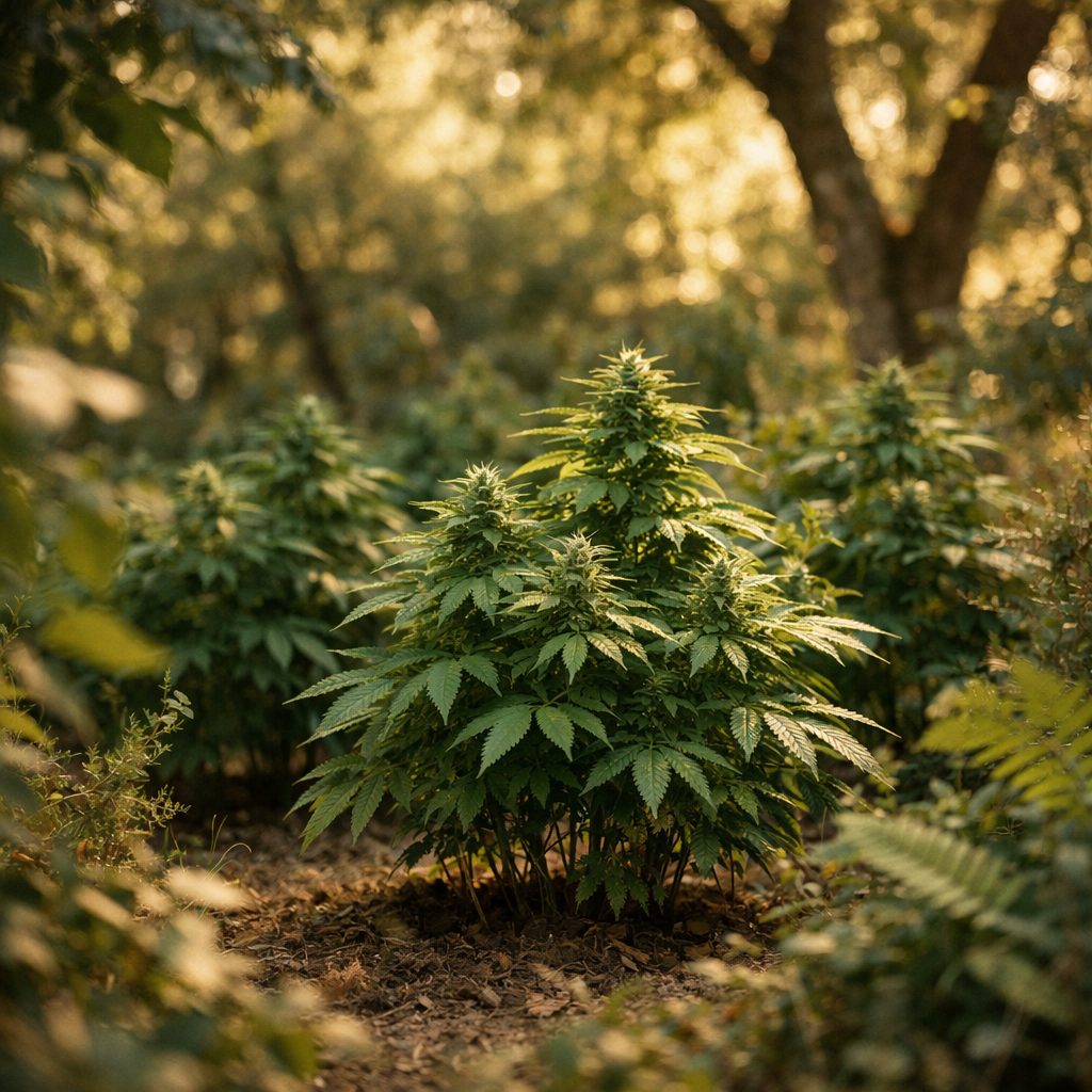 Cultivo guerrilla oculto en bosque natural con luz solar filtrada entre árboles