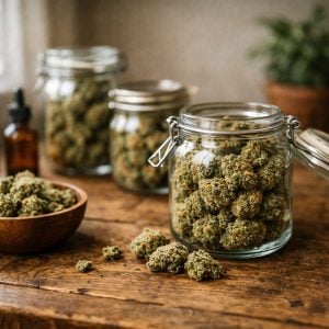 Frascos con flores CBD premium en tonos cálidos naturales