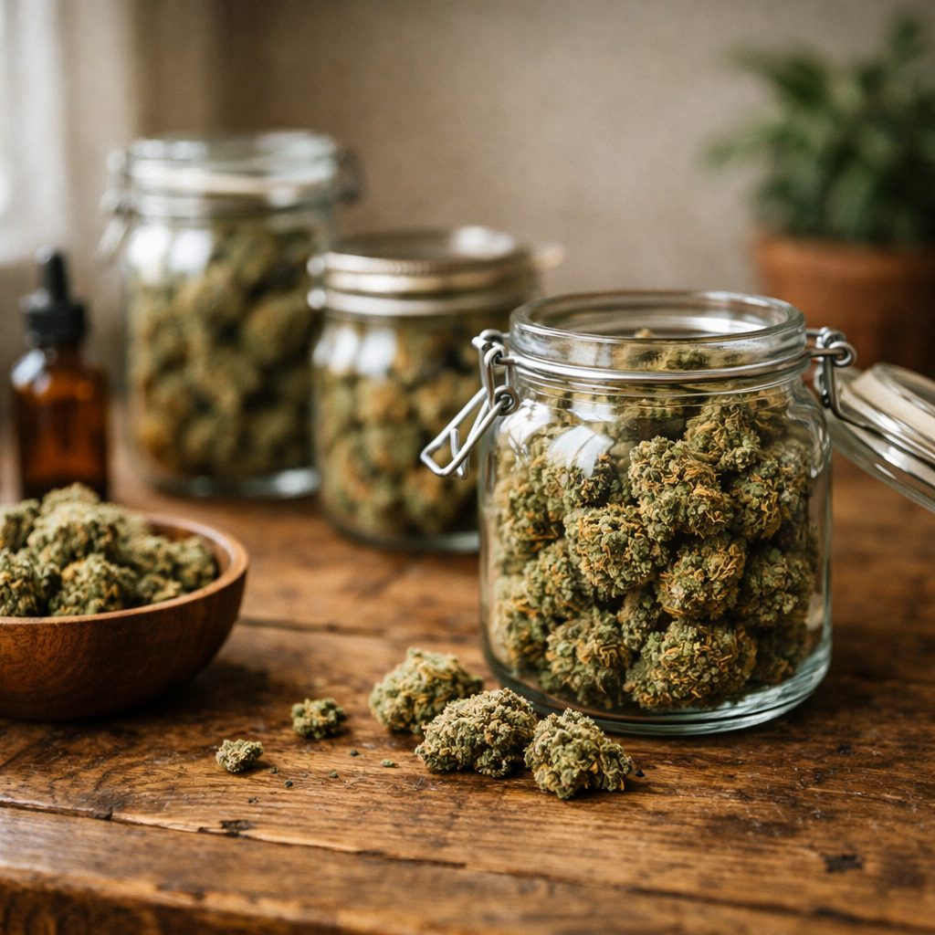 Frascos con flores CBD premium en tonos cálidos naturales