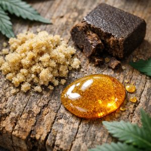 Tipos de hash CBD premium: bubble hash rubio, hash marroquí tradicional y rosin concentrado sobre madera natural