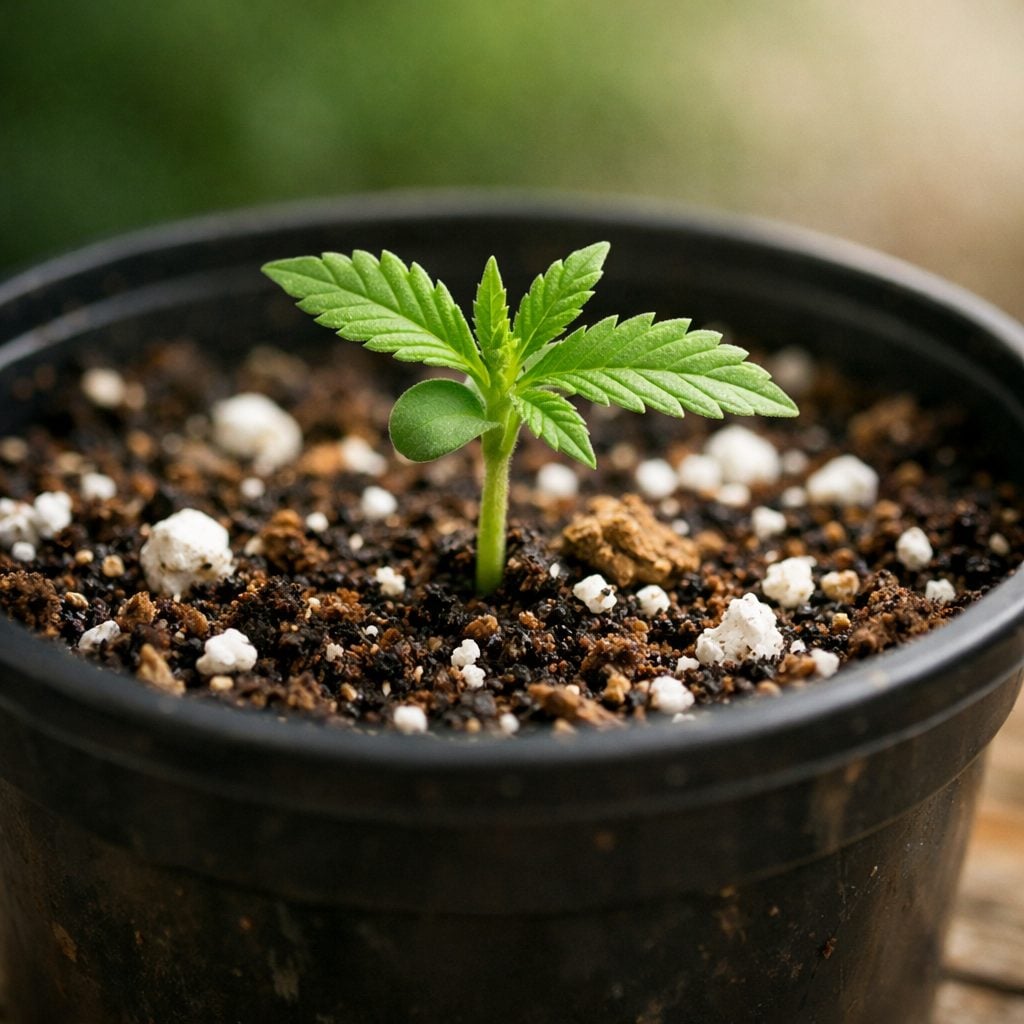 Plántula de cannabis con primeras hojas verdaderas en maceta de plástico con sustrato de cultivo de calidad