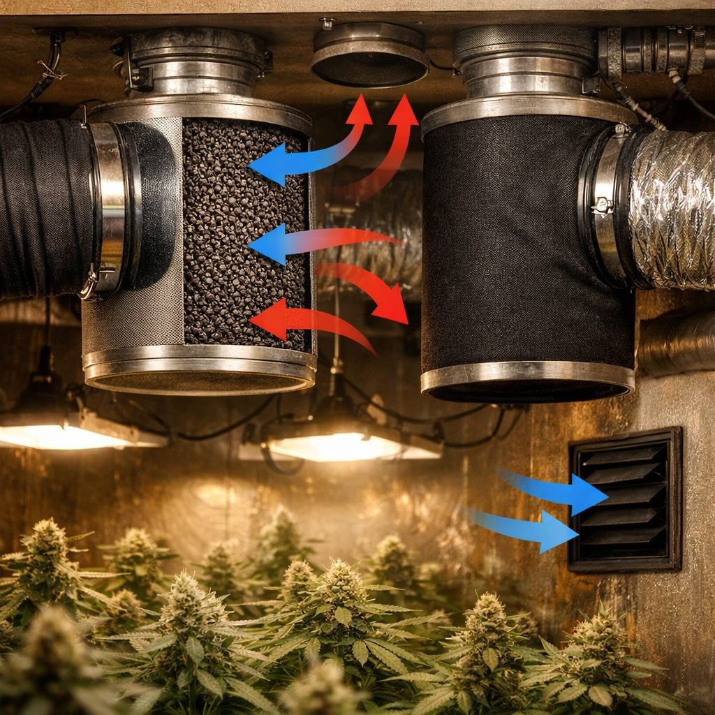 Sistema de extracción de aire con filtro de carbón activado en armario de cultivo indoor, control negativo de presión