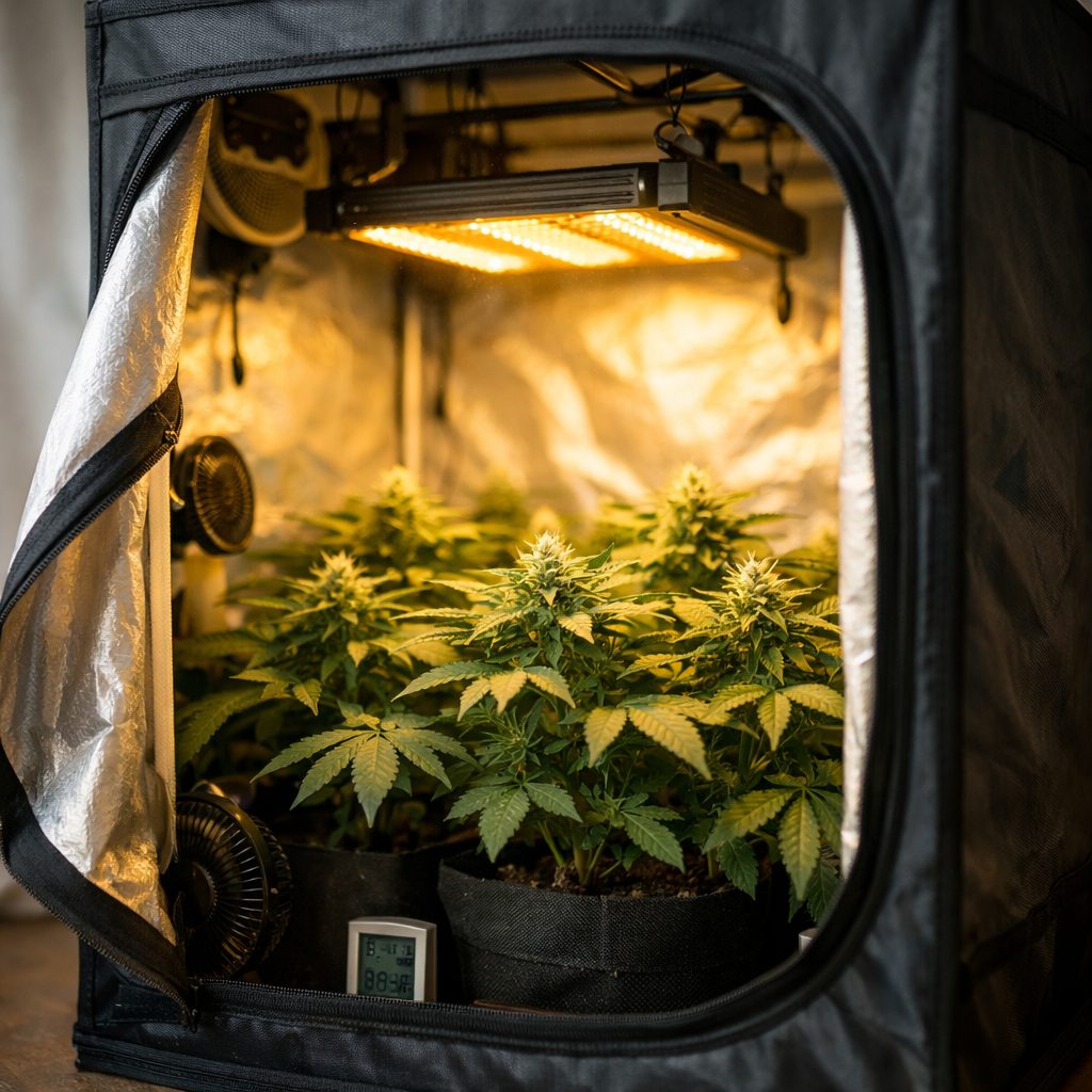 Tienda de cultivo interior 60x60 cm con iluminación LED y plantas de cannabis en floración temprana
