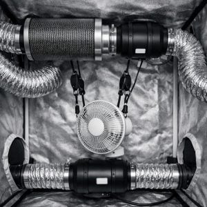 Interior de armario de cultivo mostrando sistema de ventilación con conductos de extracción, entradas bajas y ventilador osci