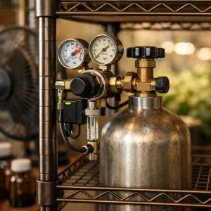 Instalación profesional de botella de CO₂ presurizado con regulador de dos etapas y manómetro en armario de cultivo indoor