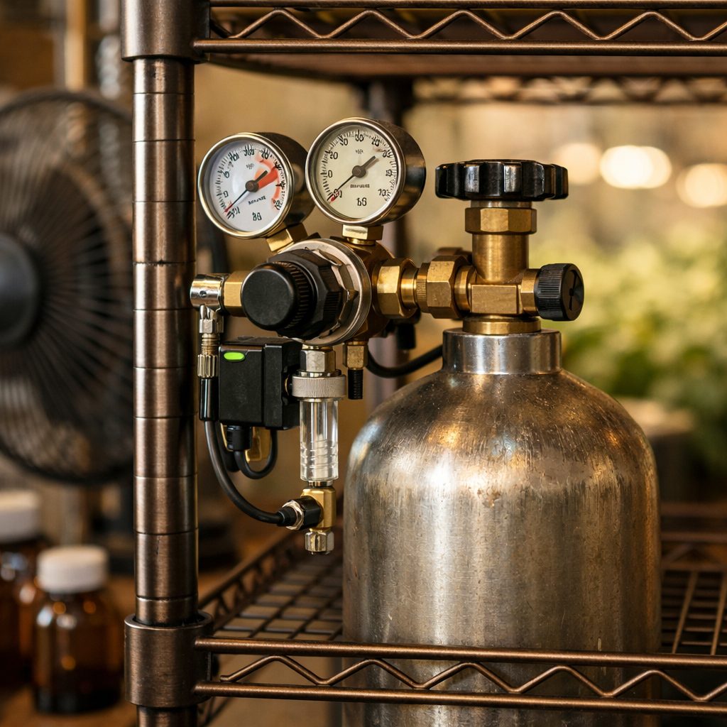 Instalación profesional de botella de CO₂ presurizado con regulador de dos etapas y manómetro en armario de cultivo indoor