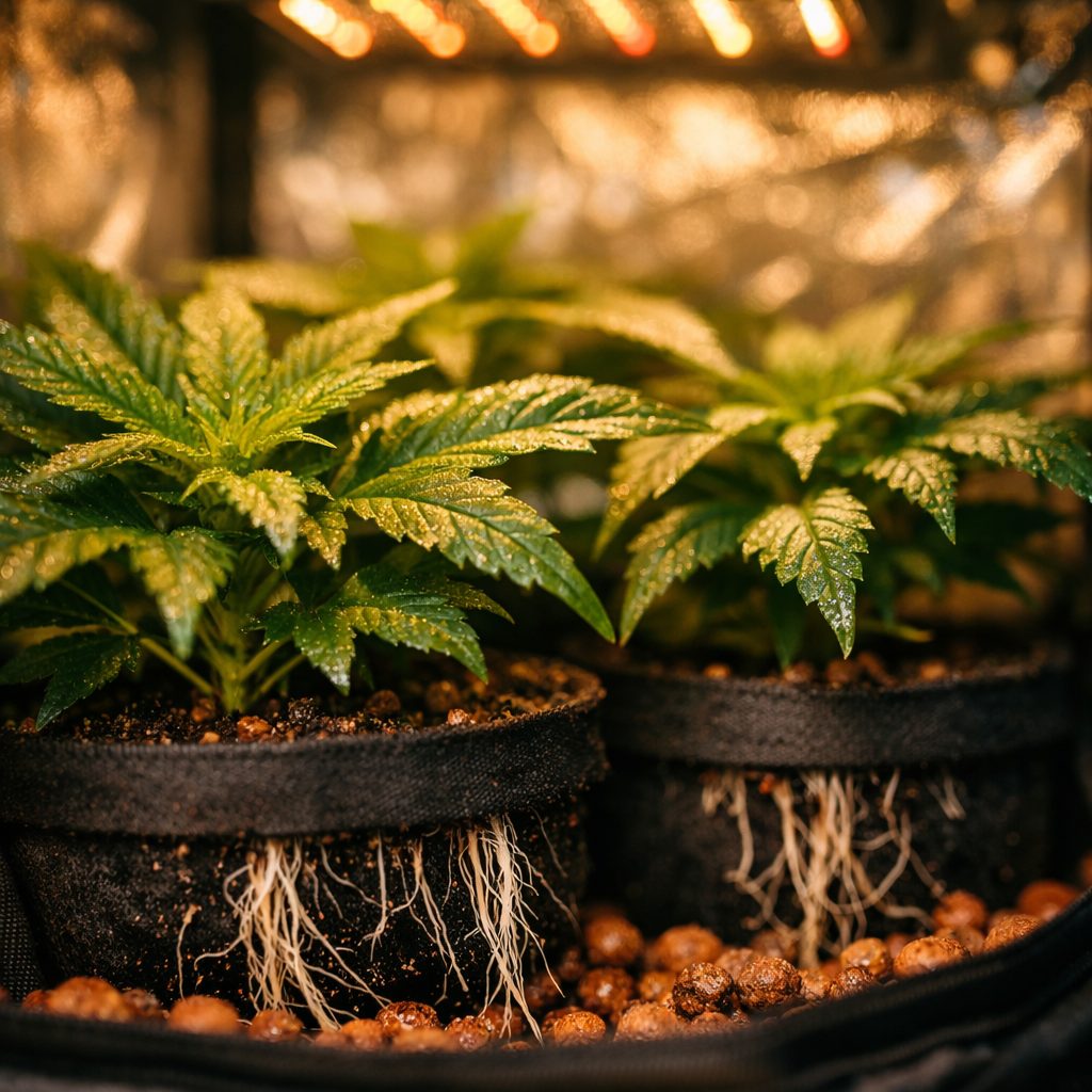 Interior de armario de cultivo 60x60 con plantas en vegetación bajo paneles LED, luz cálida iluminando follaje verde denso