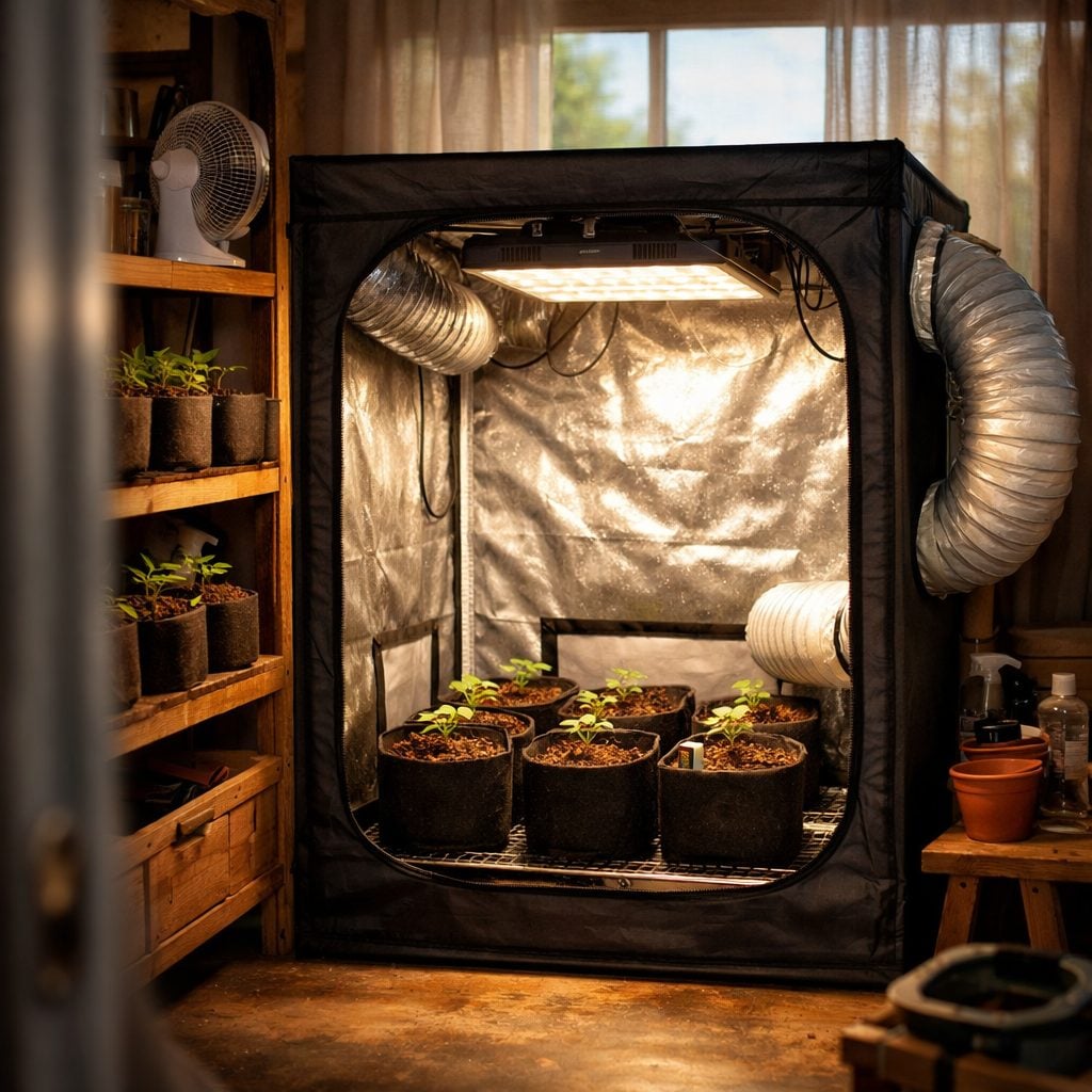 Vista superior de armario de cultivo completo con lámpara LED, tuberías de aire y plantas en macetas de tela