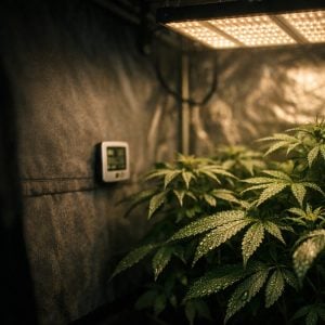 Interior de armario de cultivo 60x60 con medidor de humedad digital en pared central, focos LED encendidos, ventilador oscila