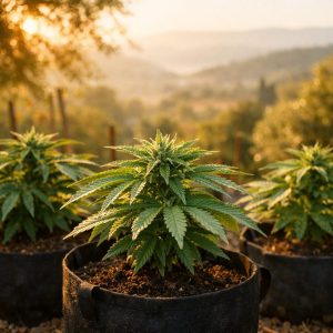 Plantas de cannabis en macetas de tela exterior durante vegetación en primavera con luz natural dorada y suelo oscuro visible