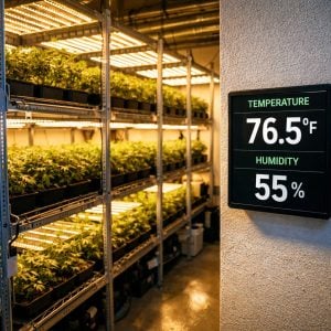 Sistema de monitorización de temperatura en armario de cultivo con panel LED espectro completo y plantas en fase vegetativa