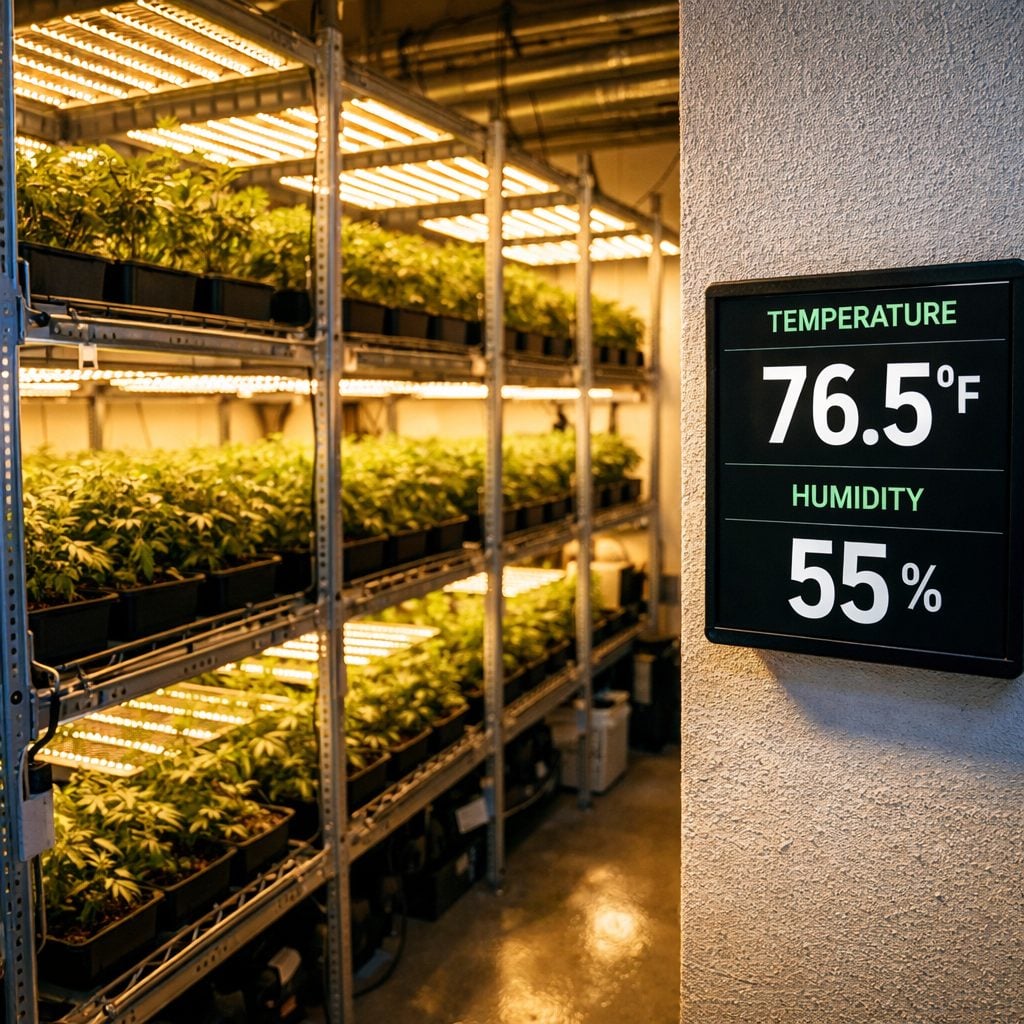 Sistema de monitorización de temperatura en armario de cultivo con panel LED espectro completo y plantas en fase vegetativa