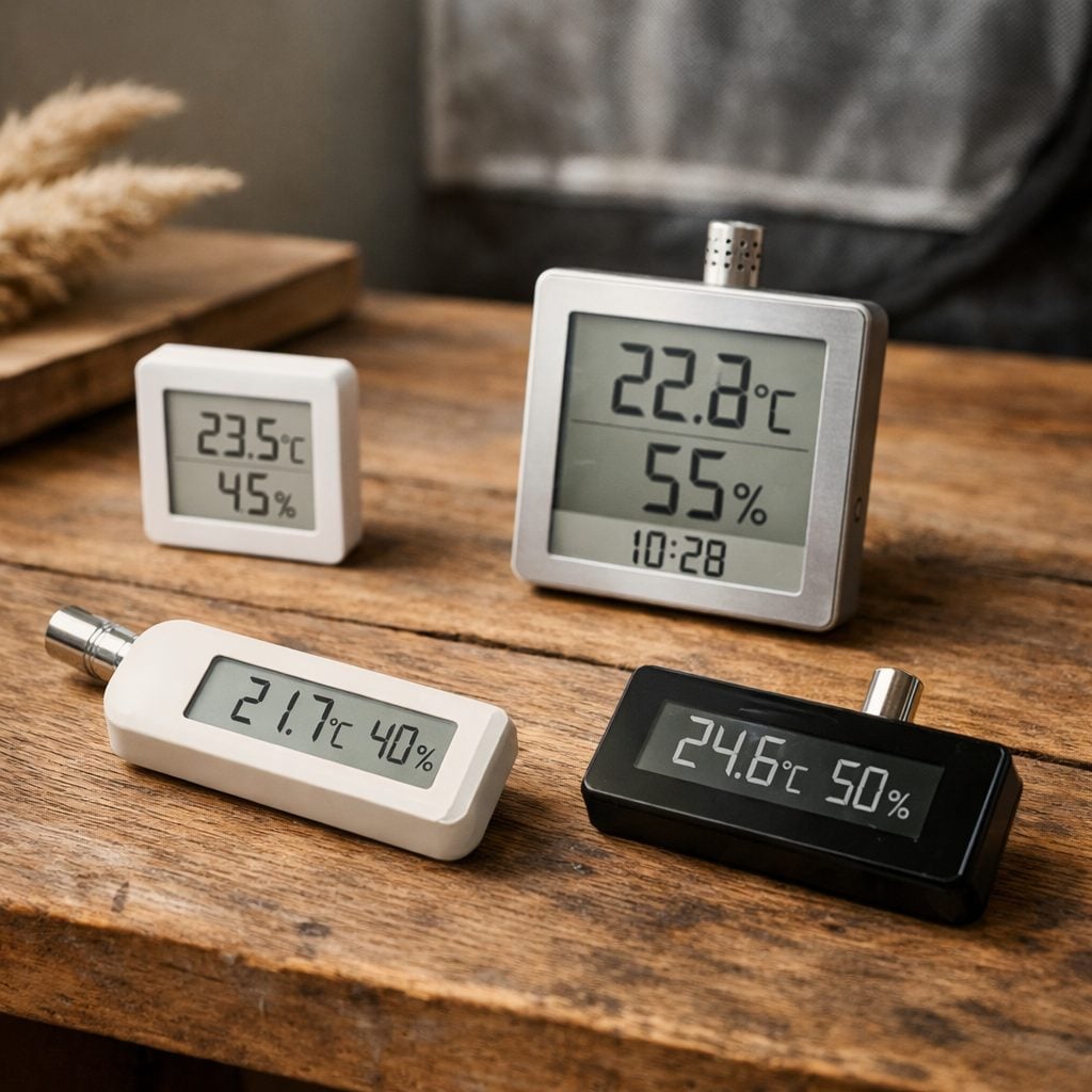 Termómetro digital con higrómetro integrado mostrando temperatura y humedad relativa en pantalla LCD