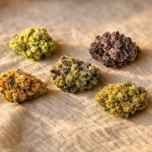 Variedad de small buds CBD con diferentes colores mostrando tricomas cristalinos