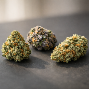 Tres cogollos de cannabis con trichomas diferenciados sobre superficie gris oscura, estudio fotográfico profesional