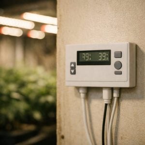 Controlador termostato digital montado en pared de armario de cultivo con cableado organizado y panel de control visible